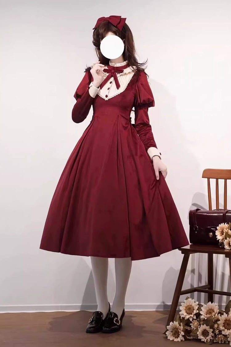 ワインレッド【新春】スタンドカラー長袖フリルリボンクラシックロリータワンピース