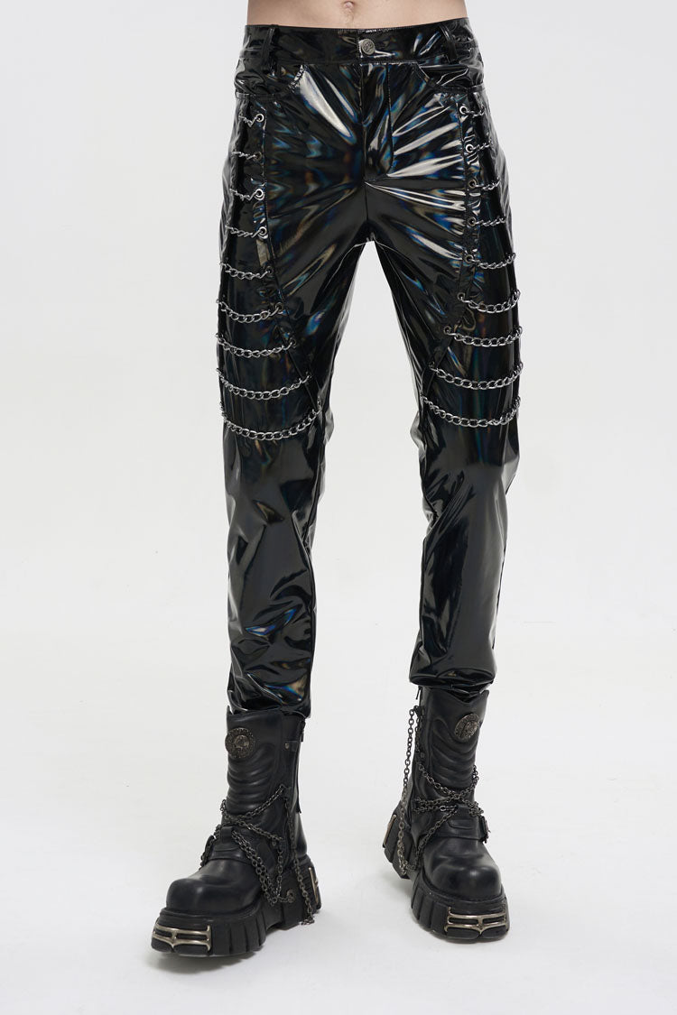 Black Stretch Symphony Metal Chains On Both Sides Versatile Leather Men's Gothic Pants