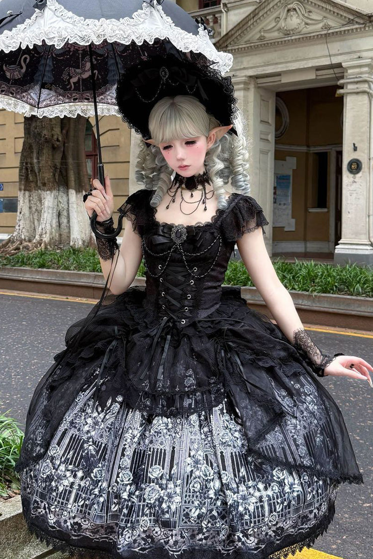 Black [Sacred Thorn Feather Relic] Square Collar Short Sleeves Printed Ruffled Open-Front Bow Lace Gothic Lolita Dress