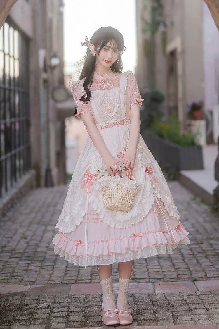 Rosa Stehkragen mit kurzen Ärmeln, gerüschter, bestickter Spitze, süßes, chinesisch inspiriertes Lolita-Kleid