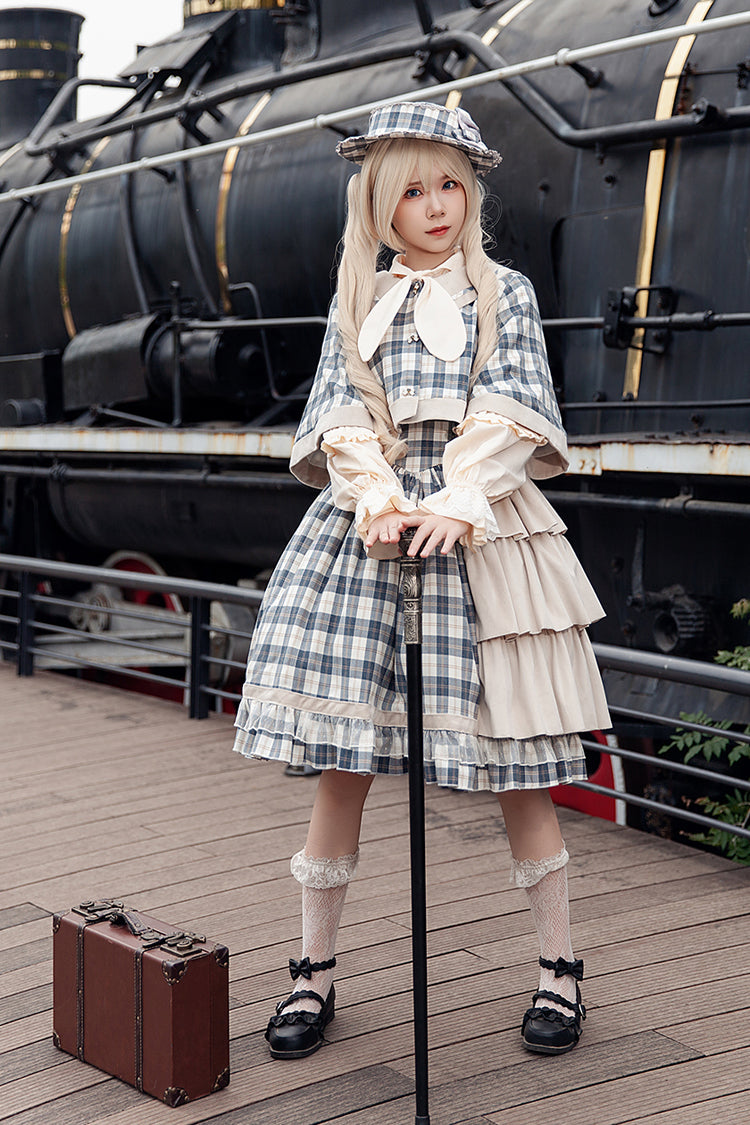 Grey/Blue [Morning Tune] Sleeveless High Waisted Print Ruffle Asymmetric Sweet Lolita Strap Dress