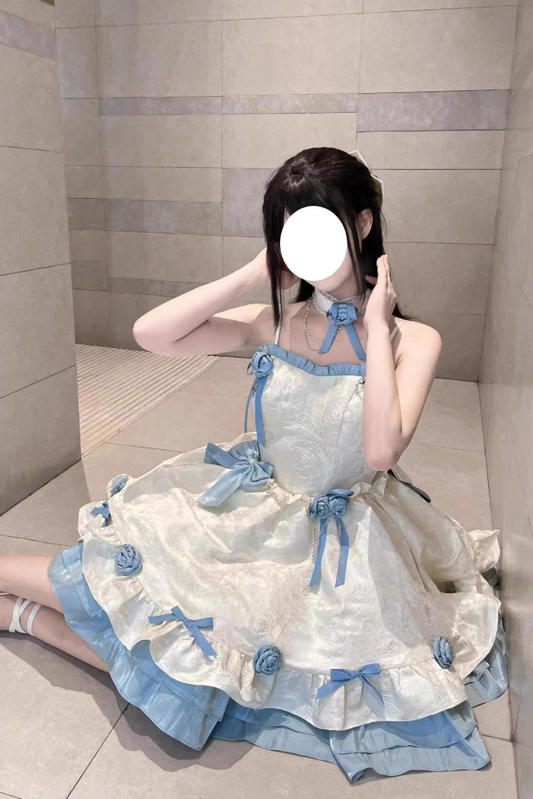 Apricot/Blue Print Ruffle Bowknot Sweet Princess Lolita Jsk Dress