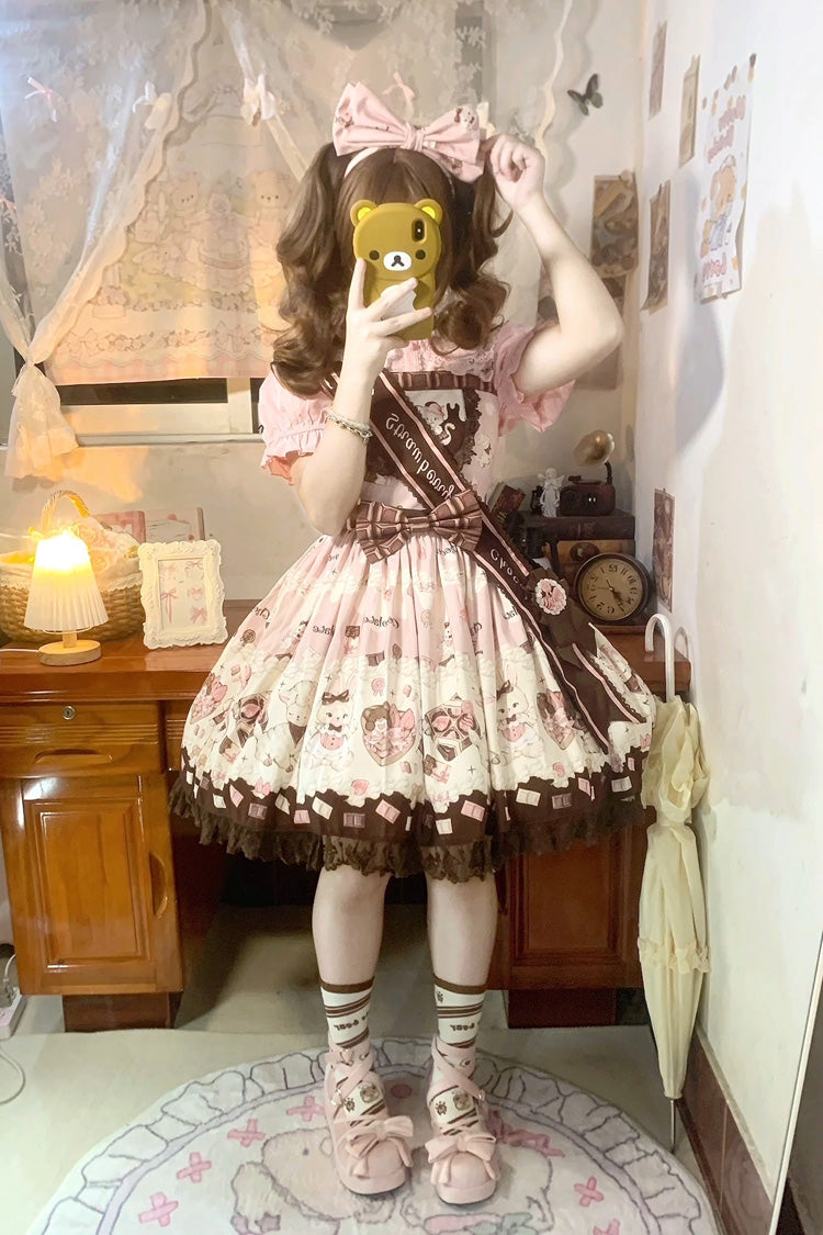 Chocolate Rosette Cat Print Bowknot Stitching Lace Sweet Lolita Jsk Dress 4 Colors