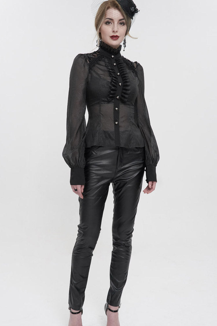 Black Long Sleeve Ruffles On Chest Shoulder Back Tie Detail See-Through Pattern Material Stand Collar Women's Gothic Shirt