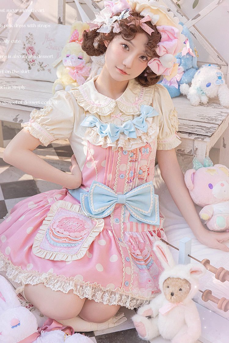 Pink Cake Chocolate Dessert Print Ruffle Bowknot Sweet Lolita Strap Dress