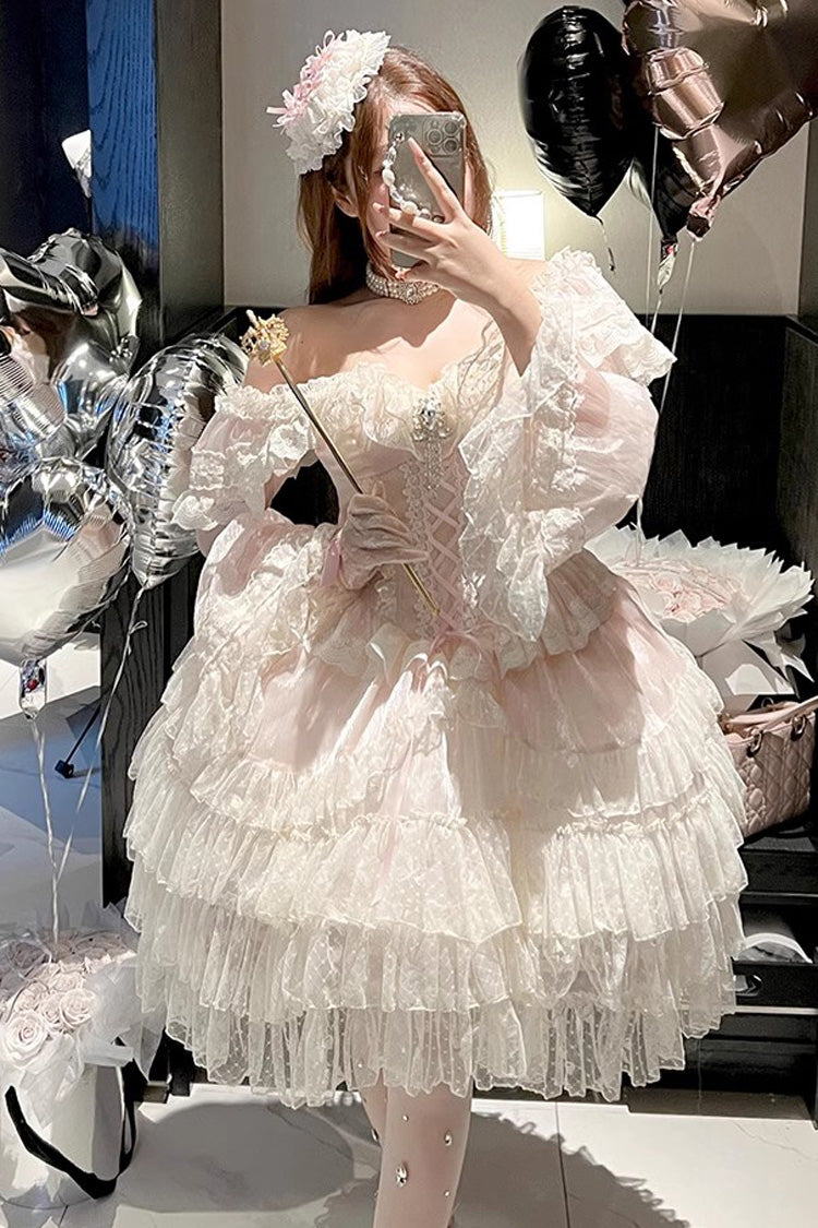 Princess Off Shoulder Multi-Layered Ruffle Bowknot Lace Sweet Elegant Lolita Strapless Dress