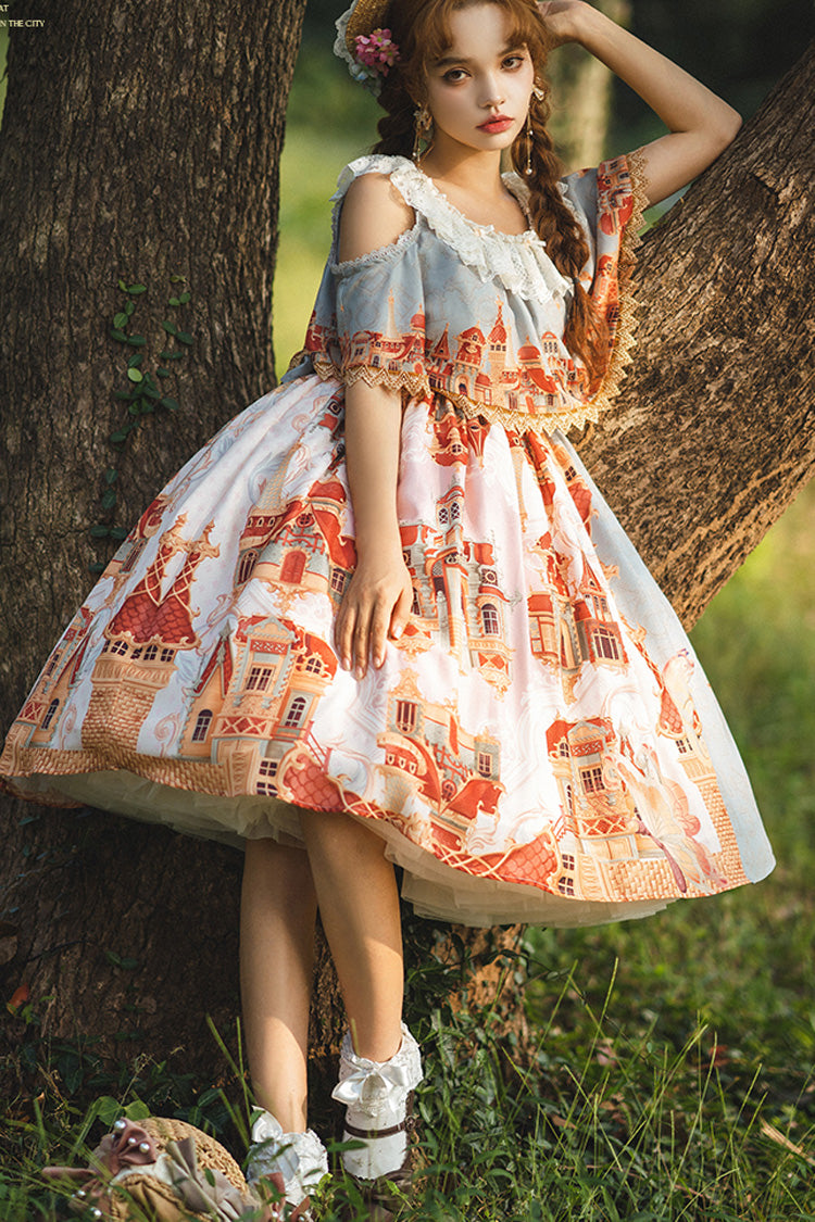 Multi-Color European Architectural Oil Painting Print Off Shoulder Short Sleeves Bowknot Sweet Lolita Dress