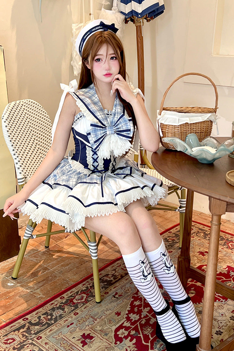 Blue/White [Sailing Love] Navy Collar Sleeveless Plaid Print Ruffle Bowknot Sweet Lolita Dress