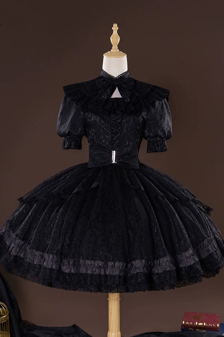 Black Identity V Gardener Inspired Short Sleeves Jacquard Bow Lace-Up Gothic Lolita Dress Set