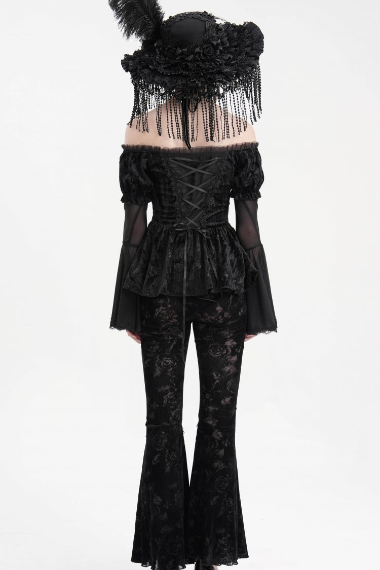 Black Halterneck Long Sleeves Hollow Lace-Up Mesh Women's Gothic Blouse