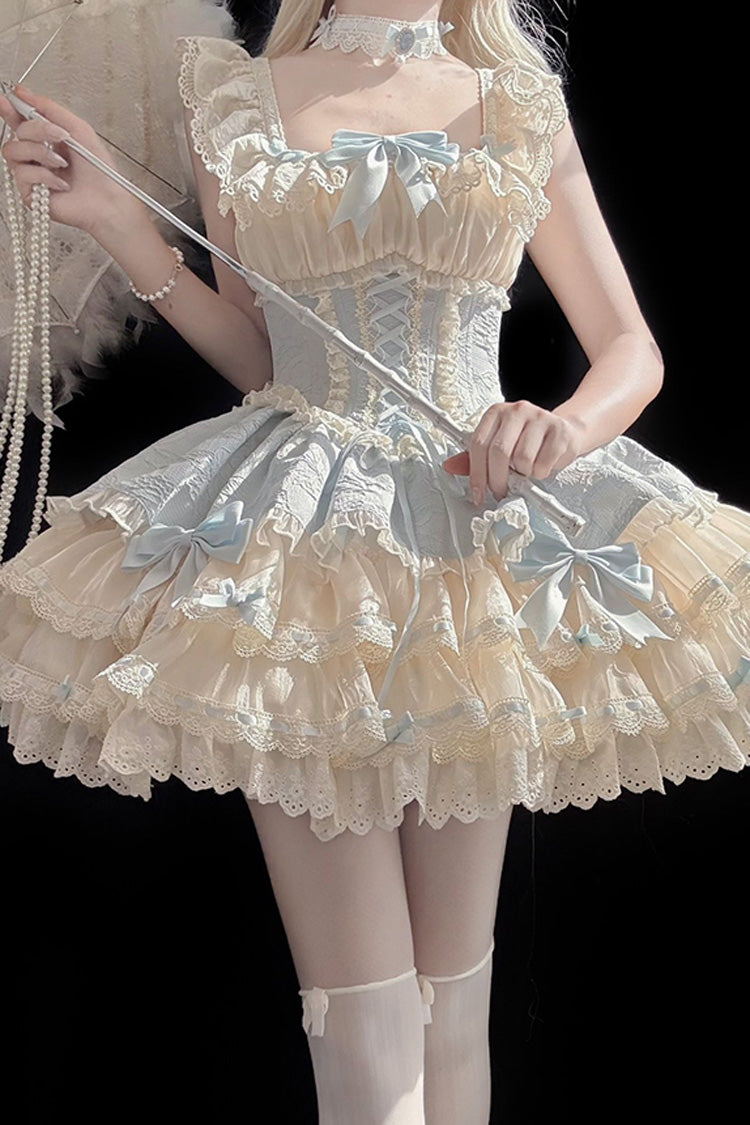 Robe Jsk Lolita Ballet Doux à Nœud Papillon en Dentelle à Lacets à Volants Double Couche [Flory Butterfly] Bleue 