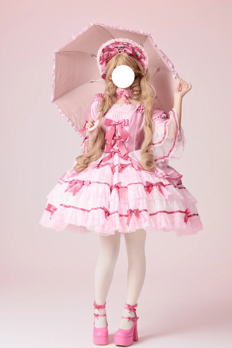 Pink [Velvet Cake] Long Trumpet Sleeves Multi-Layered Ruffle Bowknot Lace Sweet Lolita Dress