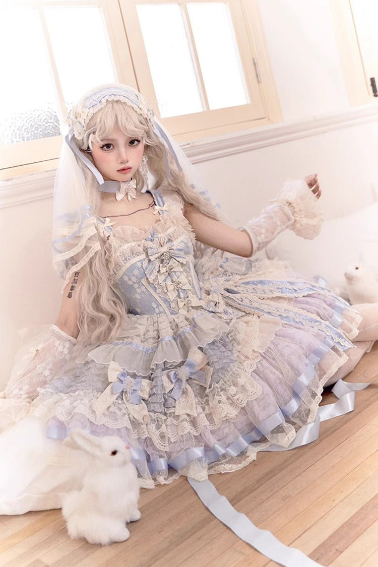 Blue [Moonstone] Sleeveless Ruffle Embroidery Bowknot Lace Fishbone Sweet Princess Lolita Dress