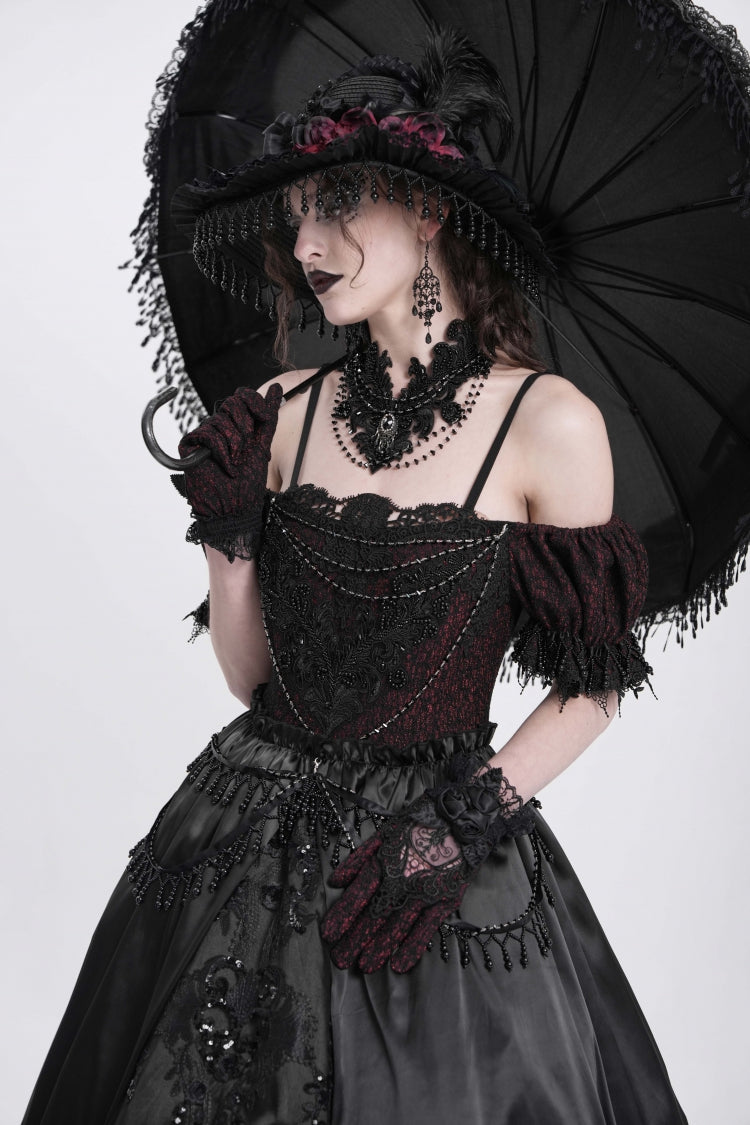 Robe gothique pour femme en dentelle avec cardigan jacquard à manches courtes et épaules dénudées noire 