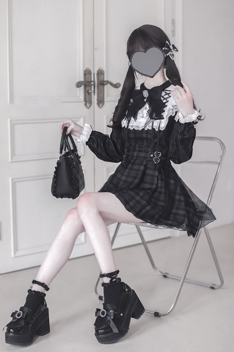Black [Angel Heartbeat] Long Sleeves Plaid Print Ruffle Bowknot Lace Sweet Jirai Kei Japanese Dress
