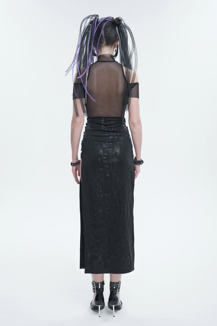 Black Off The Shoulder Irregular Knit Paneled Mesh Side Slit Women's Punk Dress