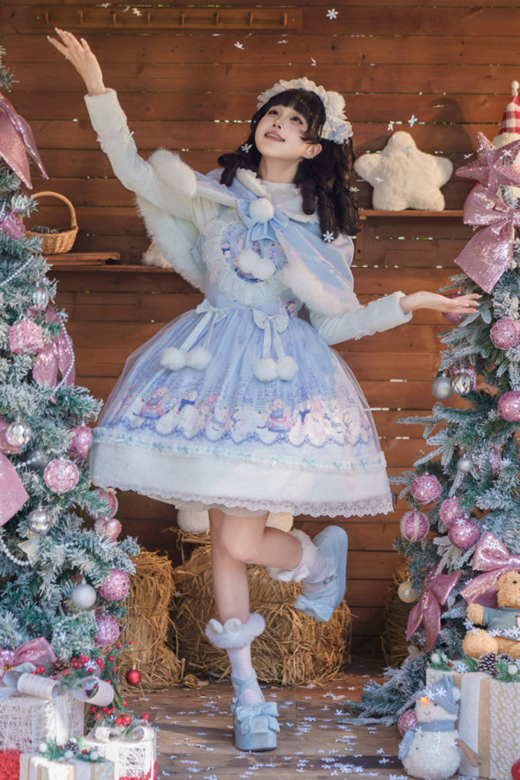 Blue [Snowball Wonderland] Print Merry Christmas Ruffle Bowknot Lace Sweet Lolita Jsk Dress