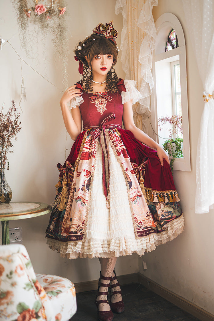 Red [Kaleidoscope of Dreams] Flying Sleeves Print Embroidery Cardigan Bowknot Classic Vintage Gorgeous Lolita Dress