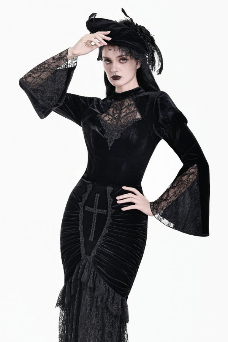 Schwarzer Stehkragen, lange Glockenärmel, Korsett-Taille, Spitze, transparente Damen-Bluse aus Gothic-Victorian-Samt