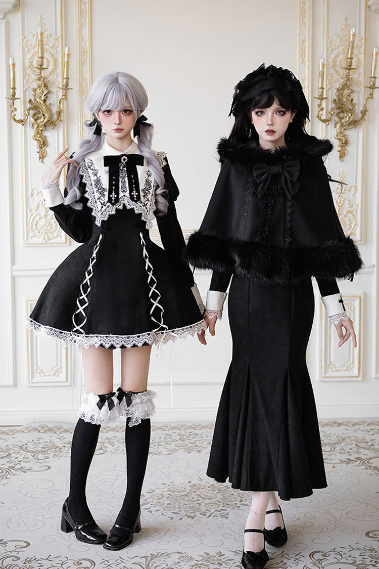 Black/White [Rose Doll] Square Collar Long Sleeves Bowknot Lace-Up Gothic Lolita Dress Set 2 Versions