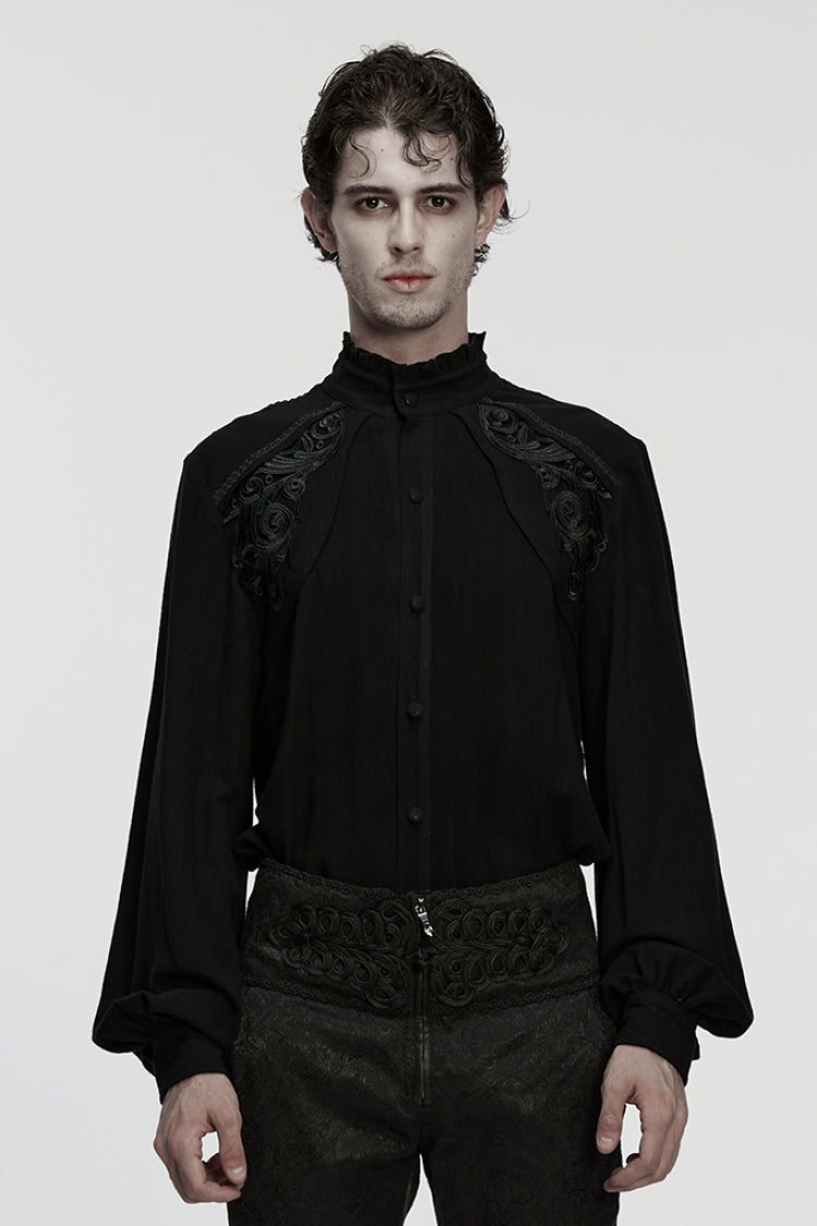 Black Stand Collar Long Lantern Sleeves Floral Jacquard Men's Gothic Blouse