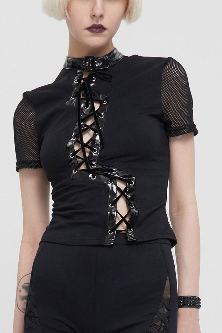 Schwarzes Punk-T-Shirt für Damen mit kurzen Ärmeln, unregelmäßigem Kordelzug, hellem Lederausschnitt und Netzmanschetten