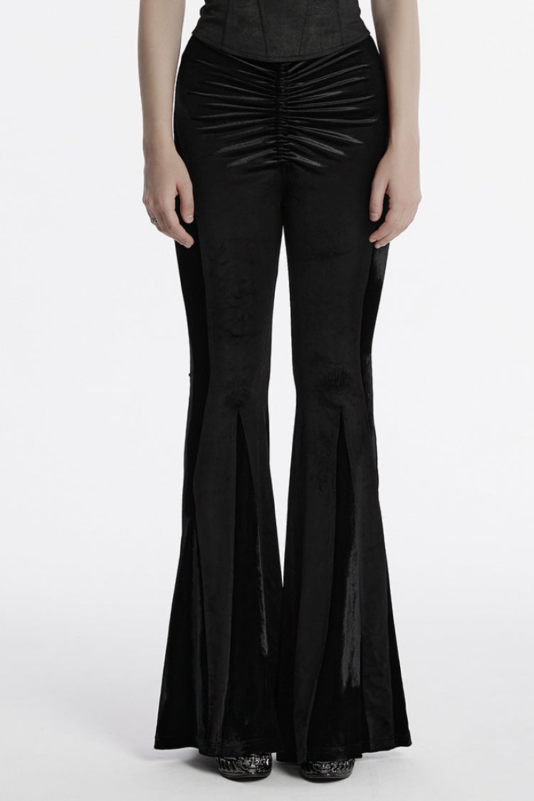 Schwarze, schmal geschnittene, plissierte Damen-Gothic-Elegante Samt-Schlaghose mit Kordelzug