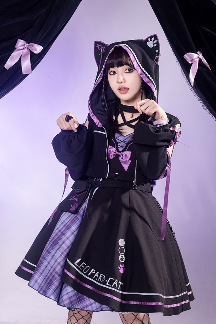 Black/Purple Cat Paw Print Bowknot Gothic Lolita Jsk Dress Set