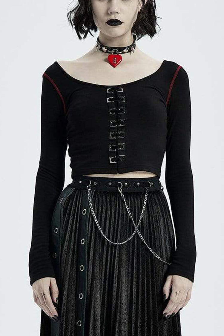 Schwarzes, rundes Kragen, lange Ärmel, vorne mit quadratischen Metallösen verziert, kurzes, enges Punk-T-Shirt für Damen