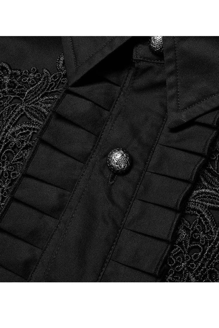 Black Gothic Delicate Decals Placket Pleated Ruffle Long Sleeve Men's Shirt