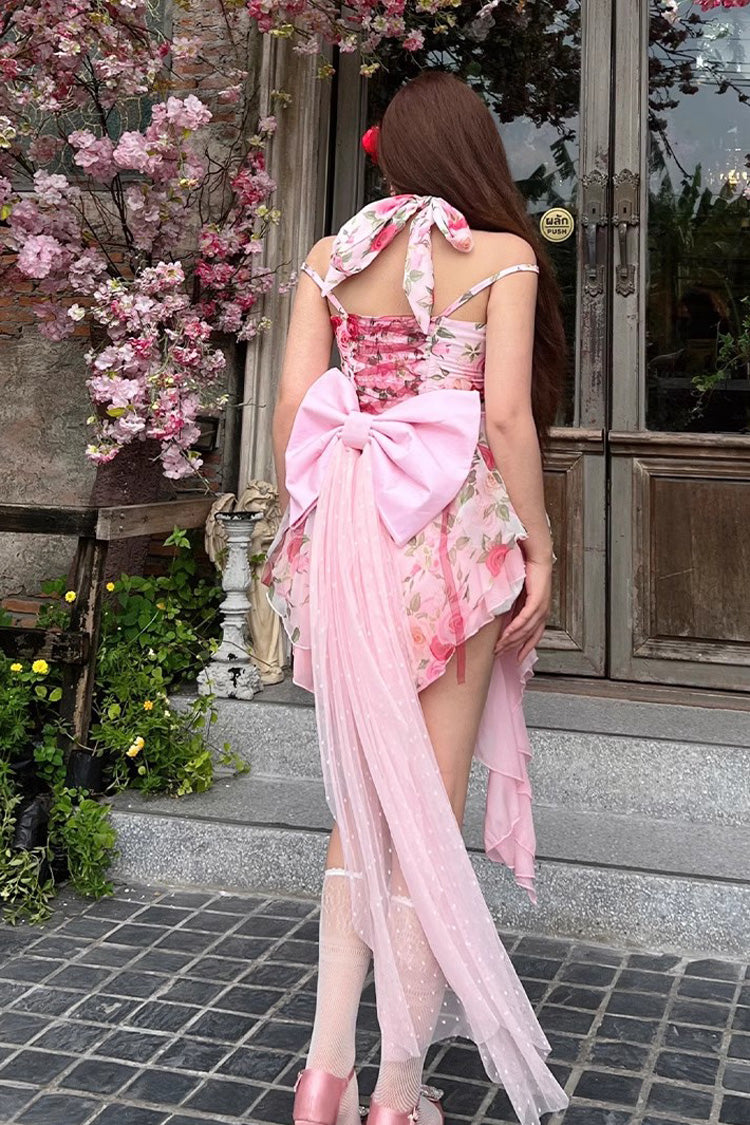 Pink Multi-Color Rose Print Sleeveless Short Version Sweet Lolita Strapless Dress