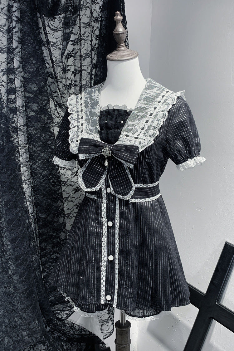 Black [Serenade] Short Sleeves Ruffle Bowknot Lace Sweet Jirai Kei Dress Set