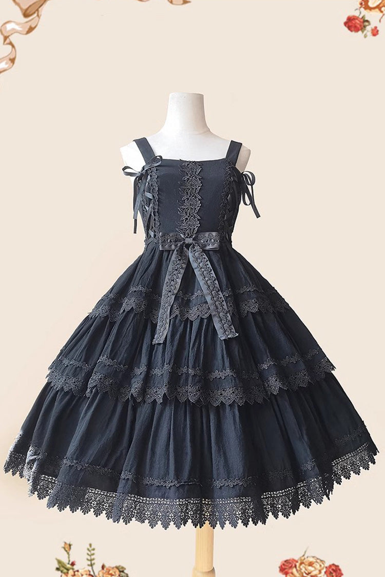 Black Three-section Cake Sleeveless Ribbon Sweet Lolita Tiered Dress