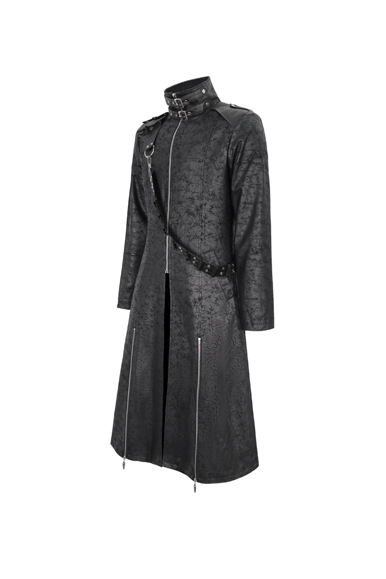 Black Stand Collar With Strap Split At The Hem Long Men's Gothic Coat