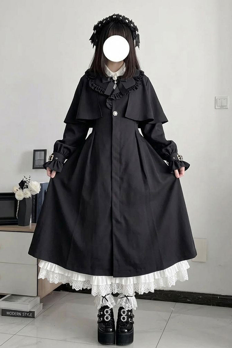 Black Ruffled Collar Long Sleeves Bell Sleeves Fitted Waist Bow Buckle Ruffled Capelet Women's Gothic Coat