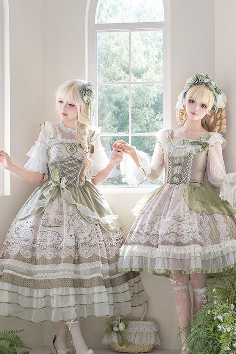 Green [Teacup Rabbit] Multi-Layered Print Ruffle Embroidery Bowknot Lace Asymmetric Sweet Elegant Lolita Jsk Dress