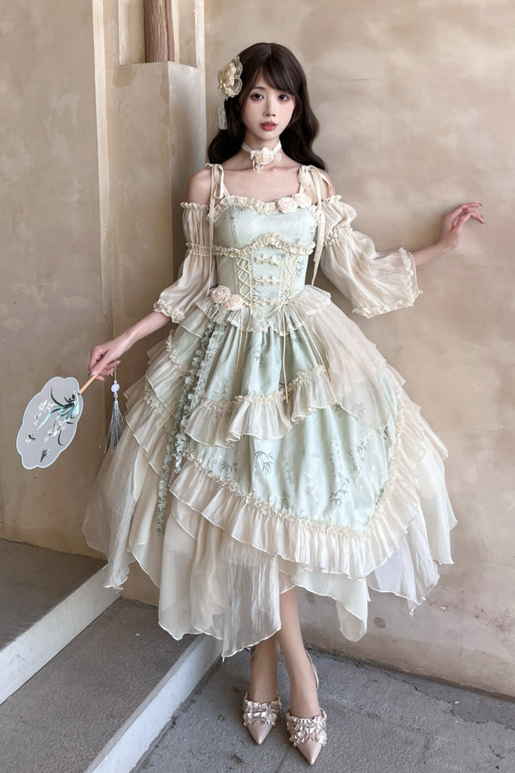 Green [Tea Bamboo Song] Sleeveless Jacquard Ruffle Bowknot Lace Irregular Sweet Chinese Style Ballet Lolita Jsk Dress Long Version Set