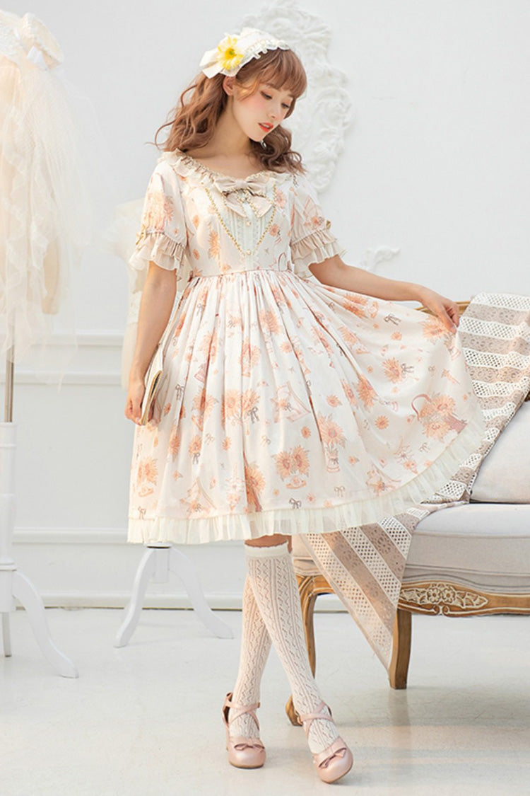 Ivory [Miss Sunflower] Short Sleeves Printed Ruffled Bow Sweet Lolita Dress