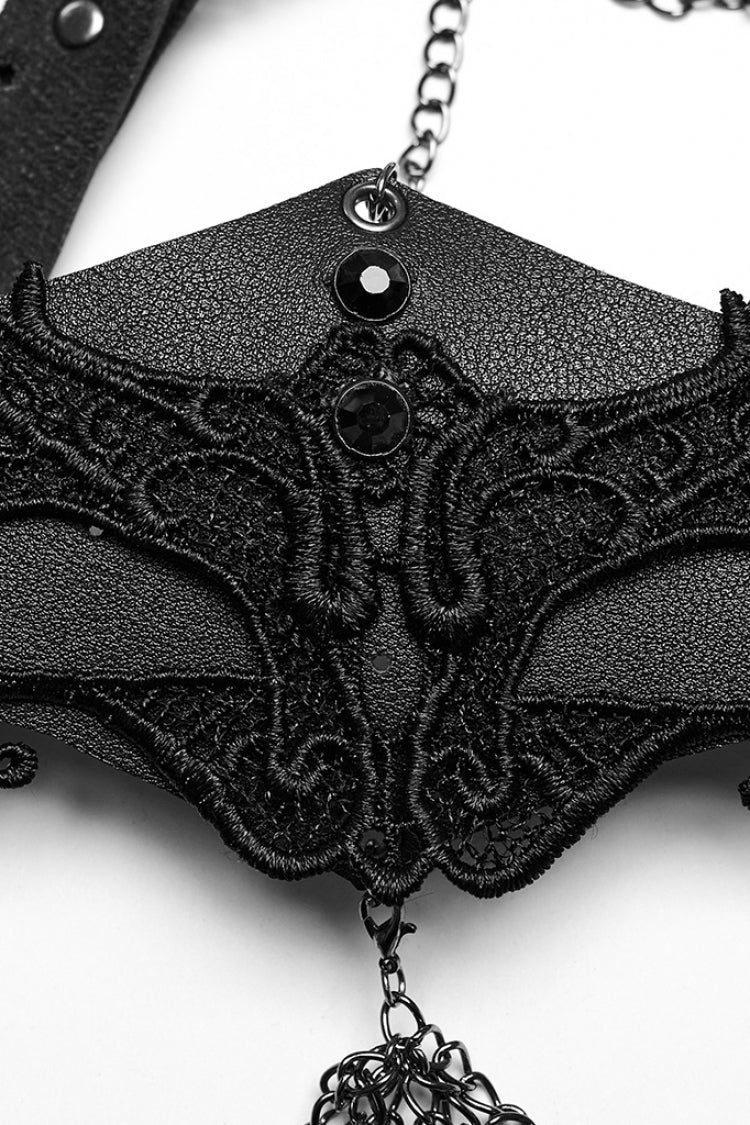 Black Artificial Leather Stitching Bat Shaped Lace Tassel Women's Steampunk Chain Mask