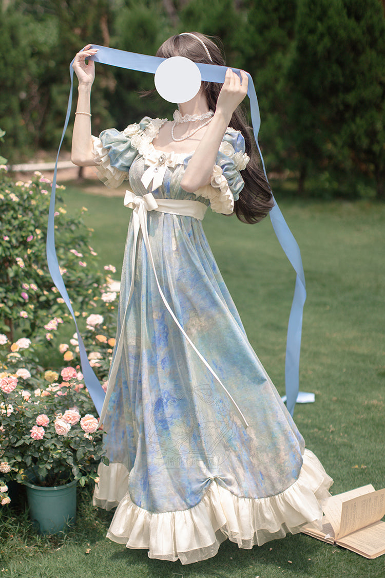 Robe Lolita Princesse Douce à Manches Courtes Imprimée avec Volants et Nœud Bleu [Peinture à l'Huile Soleil et Lune Poème] 