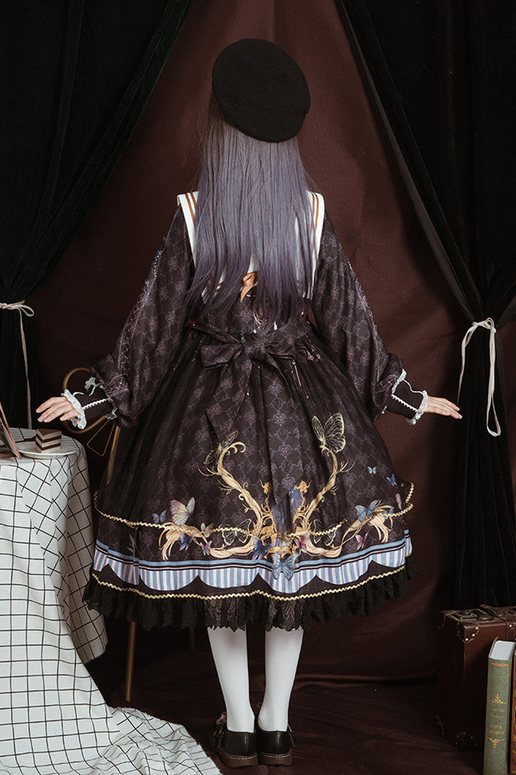 Black Navy Collar Long Sleeves Butterfly Print Ruffle Bowknot Gothic Elegant Princess Lolita Dress