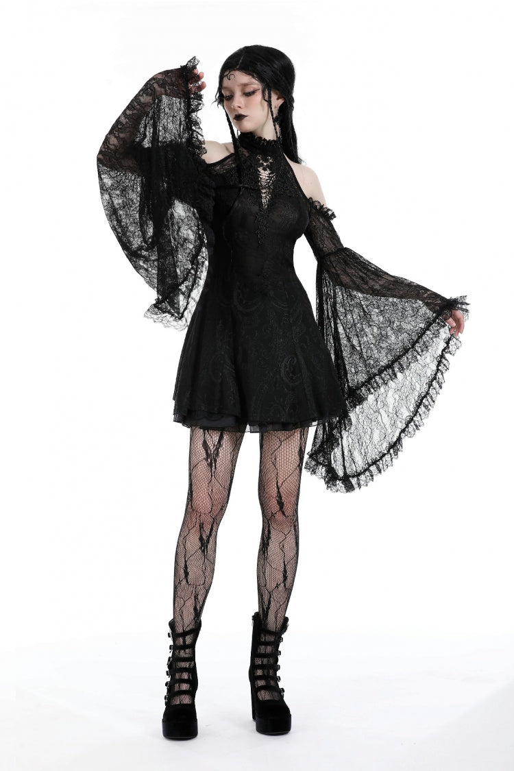 Black Halter Stand Collar Off Shoulder Long Trumpet Sleeves Lace Women's Gothic Dress