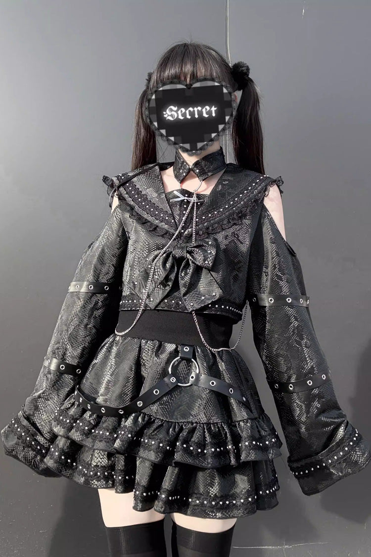 黒【蛇喰らい】ネイビー衿長袖蛇プリントフリルリボンスタッズゴシックジライ系スカートセット