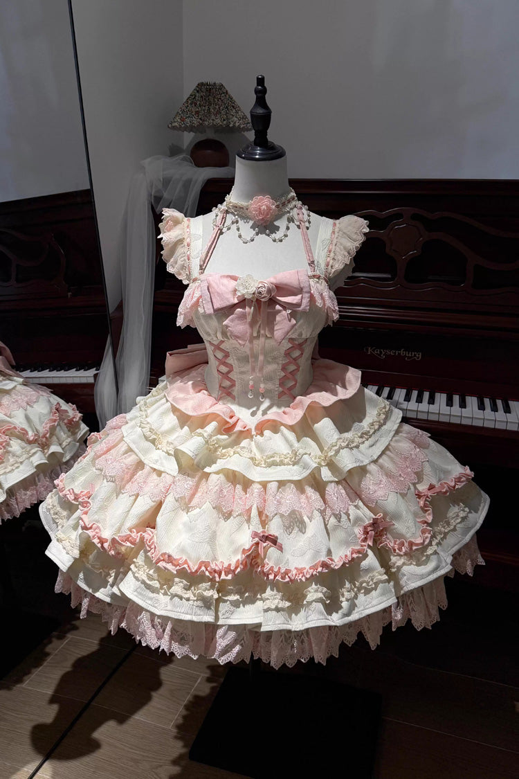 [Floral Bell Dream] スクエアカラー 多層フリル 刺繍 リボン レースアップ スイートロリータ JSK ワンピース 2色