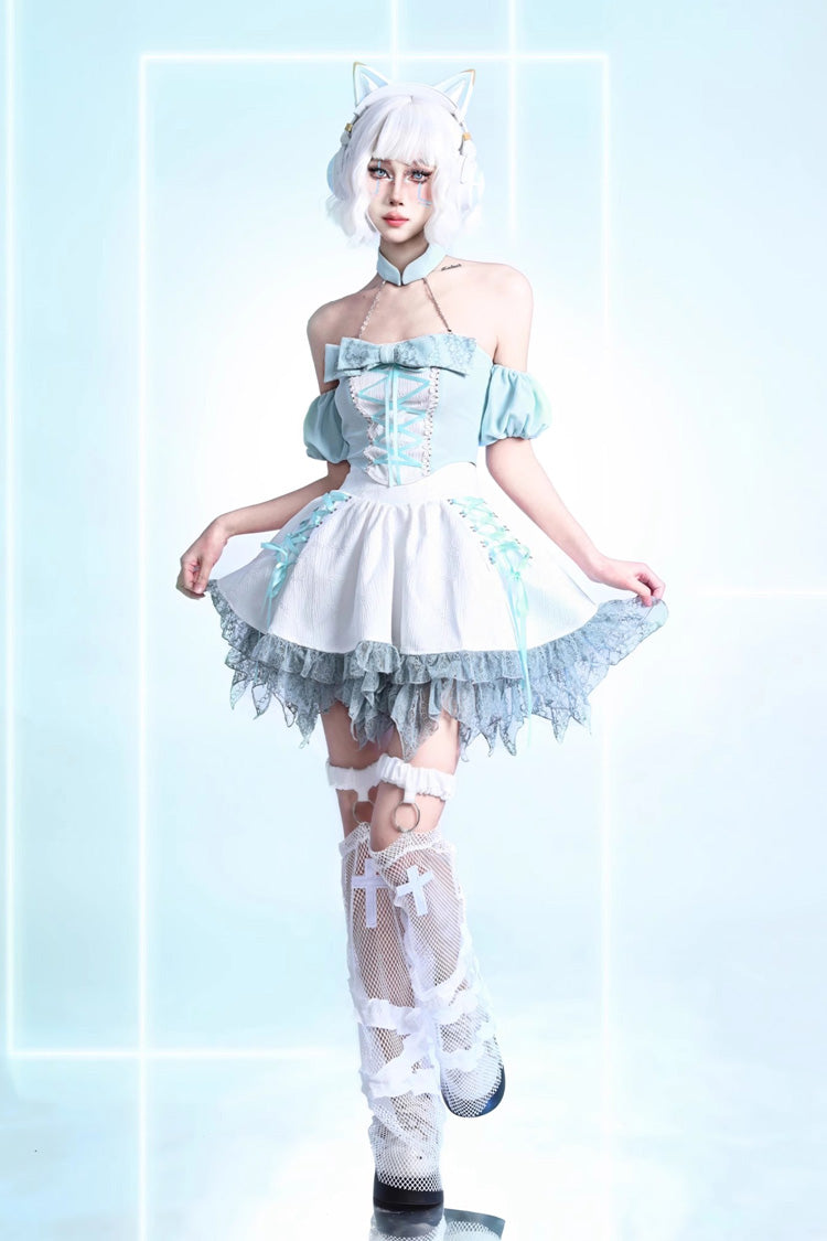 White [Virtual Idol] Ruffle Lace Lace-Up Sweet Lolita Skirt