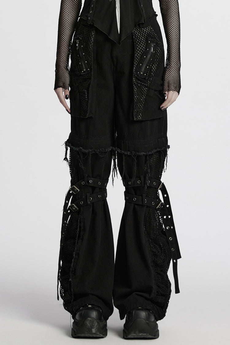 Black Stitching Mesh Unedged Detachable Women's Punk Pants