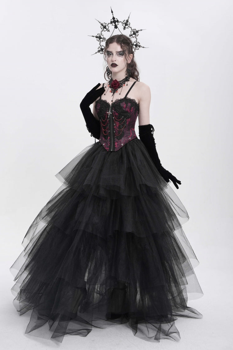 Red Sleeveless Embroidery Lace Chain Women's Gothic Vest