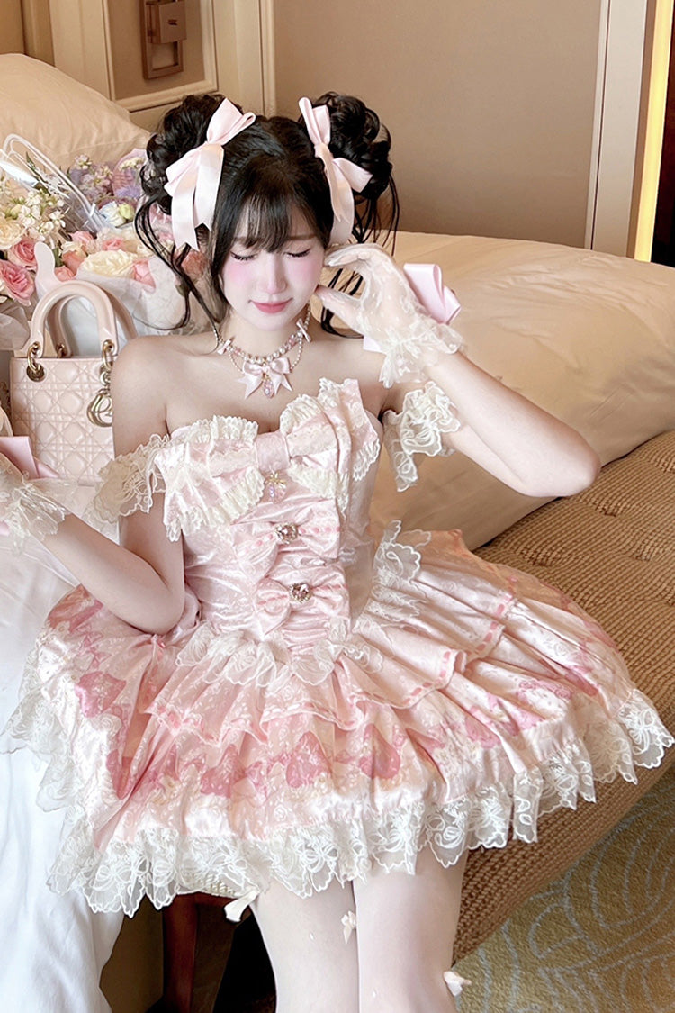 Pink [True Love Strawberry] Print Off Shoulder Sleeveless Ruffle Bowknot Lace Sweet Princess Lolita Dress Set