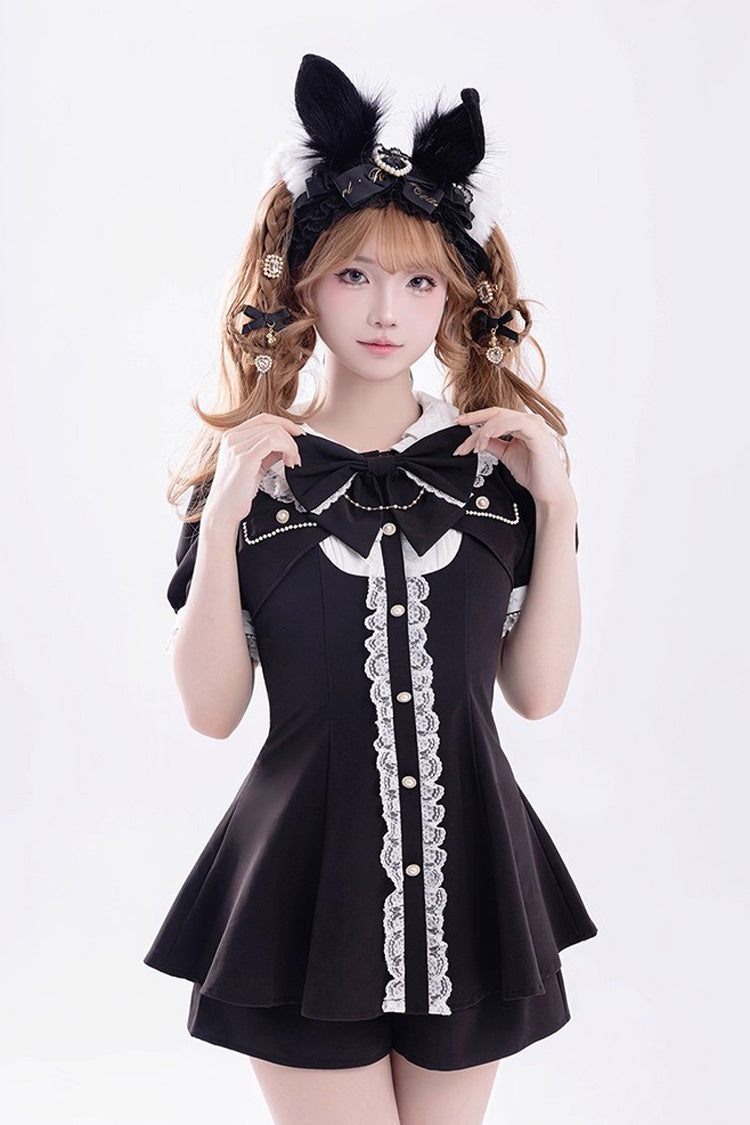 Black Short Sleeves Ruffle Bowknot Fake Two Pieces Jirai Kei Japanese Dress Shorts