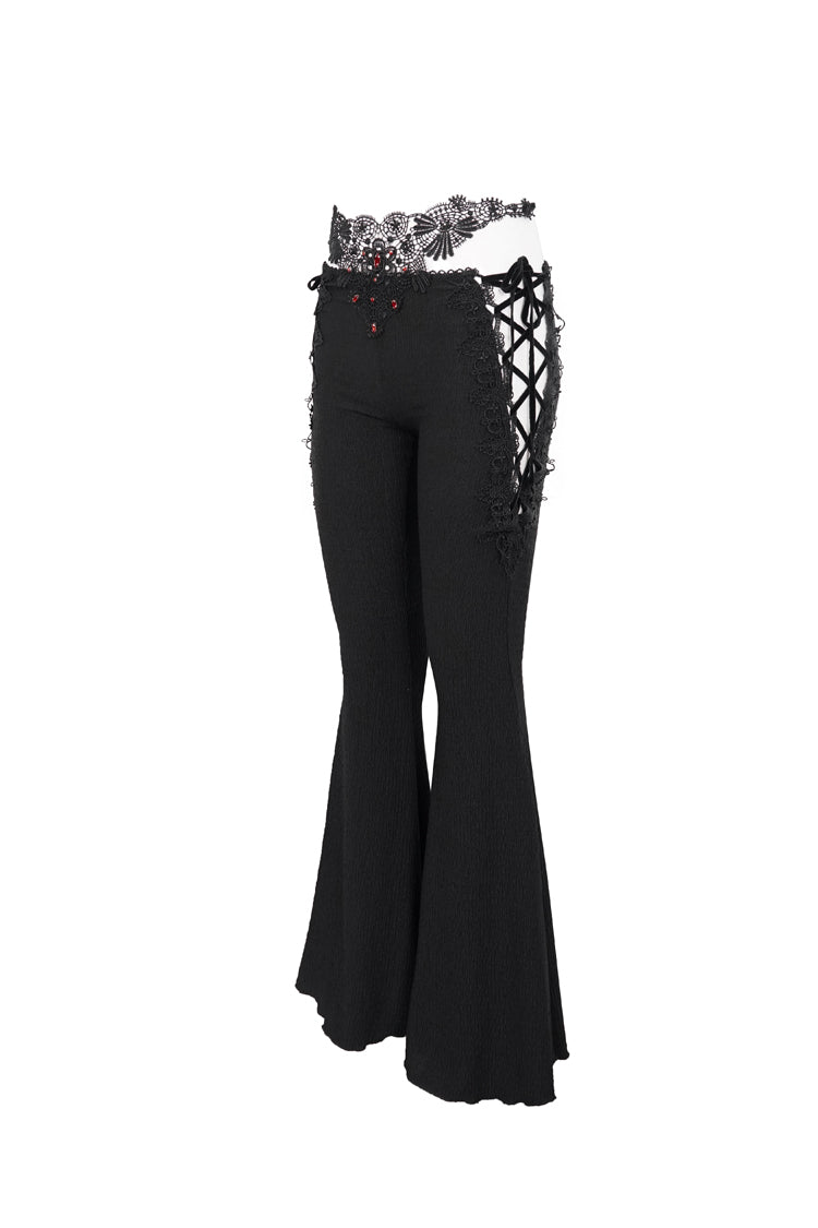 Black Low-Rise Lace Gem-Embellished Bilateral Lace-Up Cutout Flared Women's Gothic Pants